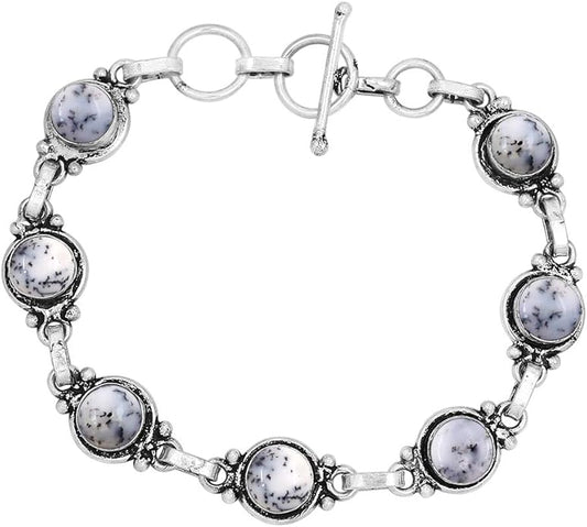 Round Shape Natural & Synthetic Gemstones Silver Plated Bracelets for Women - Vintage Bohemian Style Handmade Birthstone Adjustable Link Bracelet Jewelry Gifts for Wedding Anniversary Mother's Day