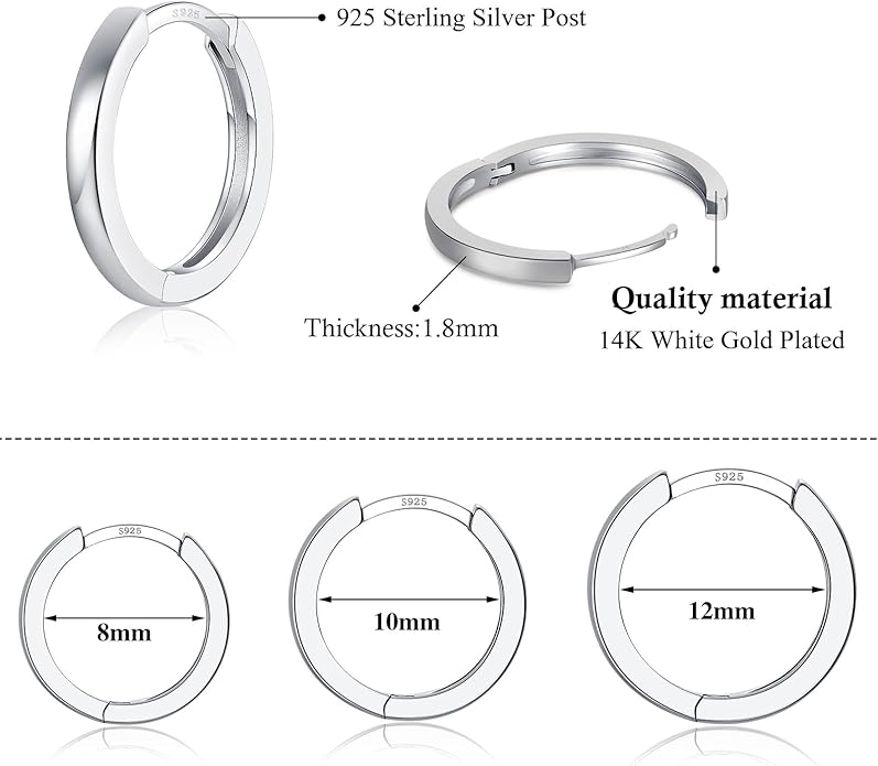 3 Pairs 925 Sterling Silver Hoop Earrings 14K White Gold Plated Small Silver Hoops Cartilage Huggie Earrings for Women Men