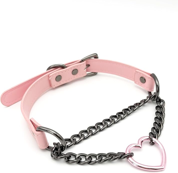 Black Leather Choker Collar For Women, Handmade Heart Slip Chain Choker Long Necklace with Adjustable Buckle