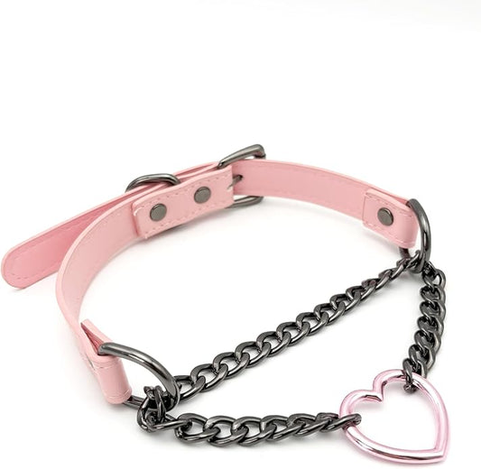 Black Leather Choker Collar For Women, Handmade Heart Slip Chain Choker Long Necklace with Adjustable Buckle
