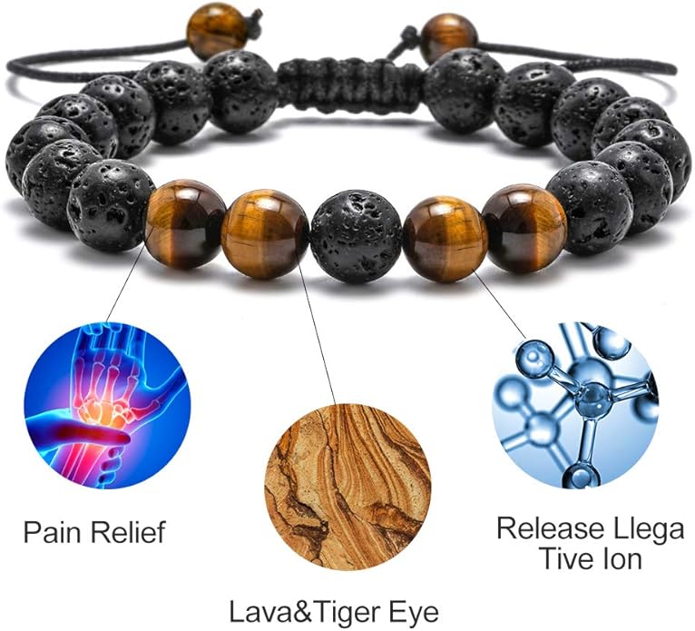 M MOOHAM Natural Stone Bracelets for Men - 8mm Tiger Eye, Matte Agate, Lava Rock - Teen Boys Gifts for Birthday, Anniversary, Christmas