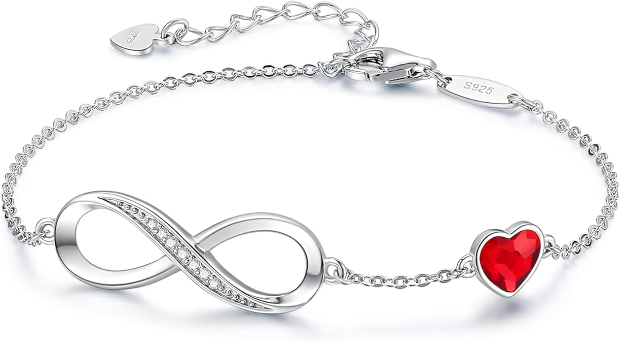 CDE Infinity Heart Birthstone Charm Link Bracelet for Women 925 Sterling Silver Adjustable Mother's Day Gift Anniversary Birthday Jewelry for Wife Girlfriend Her