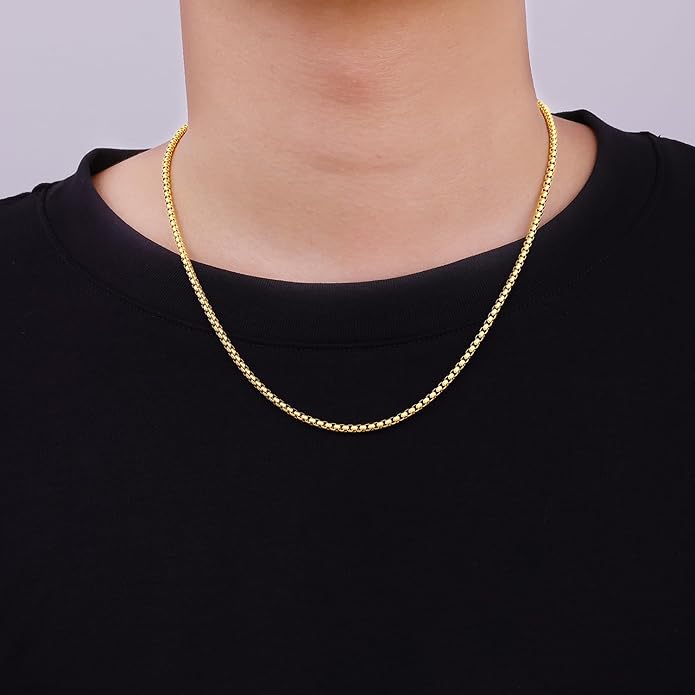 Fiusem Box Chain for Men, Silver Tone/14K Gold Plated/Black Stainless Steel Necklace for Men and Women, Width 2/2.5/3/4/5mm, Length 18-28 Inches