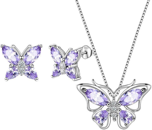 Aurora Tears Butterfly Jewelry,Women 925 Sterling Silver Butterflies Birthstone Pendant Necklace/Earrings/Rings Wedding Gift