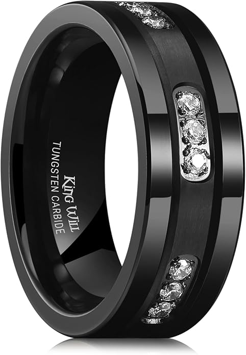King Will Mens Tungsten Wedding Band with Cubic Zircon Inlay 7mm/8mm Flat Cut Comfort Fit Engagement Rings