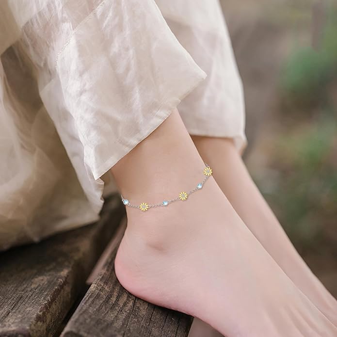CRMAD 925 Sterling Silver Daisy/Sunflower Moonstone Anklet Daisy Flower Ankle Bracelet for Women Beach Dainty Jewelry