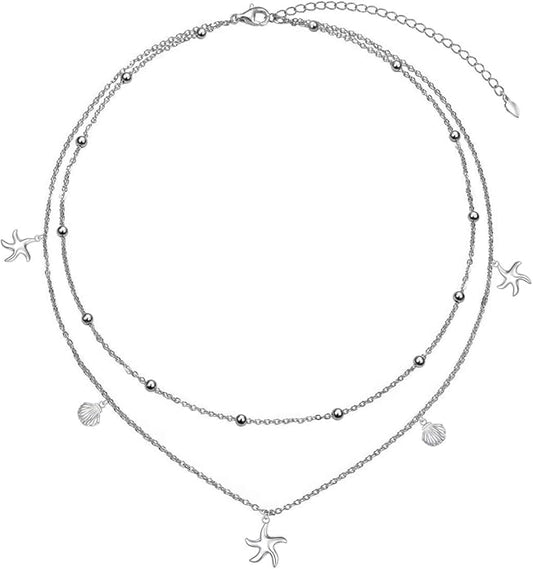 Layered Necklaces for Women S925 Sterling Silver Chokers Necklace for Women Circle/Heart/Double Circle/Cross/Star/Evil Eye Necklace Handmade Bead Necklaces Adjustable