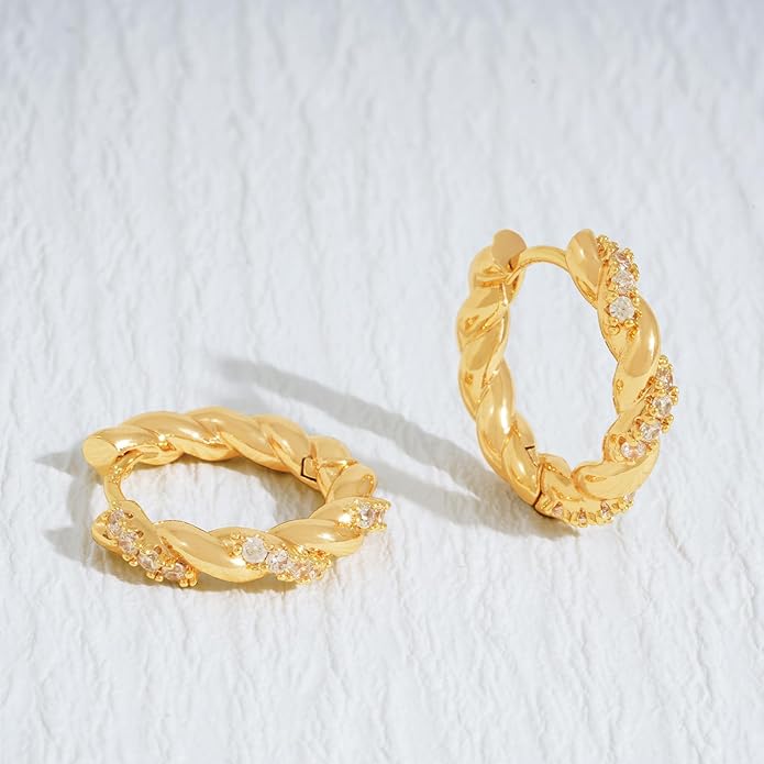 Gold Huggie Hoop Earrings 14K Gold Plated Dainty Chunky Thick Hoop Diamond Cubic Zriconia Inlay Sleeper Tiny Delicate Boho Beach Simple Hypoallergenic Jewelry Gift for Her