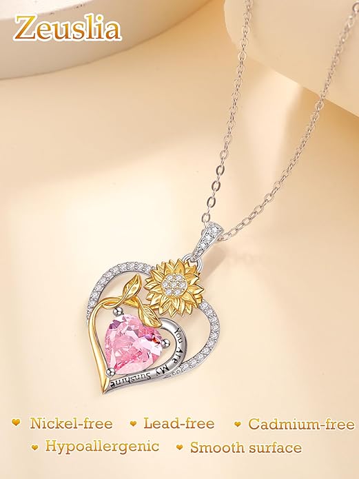 Zeuslia Double Birthstone Necklace Gifts for Wife - 925 Sterling Silver Sunflower/Rose/Crown Cross/Compass/Heart Pendant I Love You Necklace, Anniversary Birthday Gifts for Wife Girlfriend Mom Her