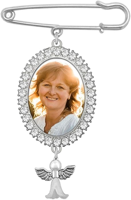 Simple Photo Wedding Bouquet Photo Charm Memorial Keepsake Rhinestone Boutonniere Pin Memorial Gift for Mother of Bride Or Groom Or Flowers