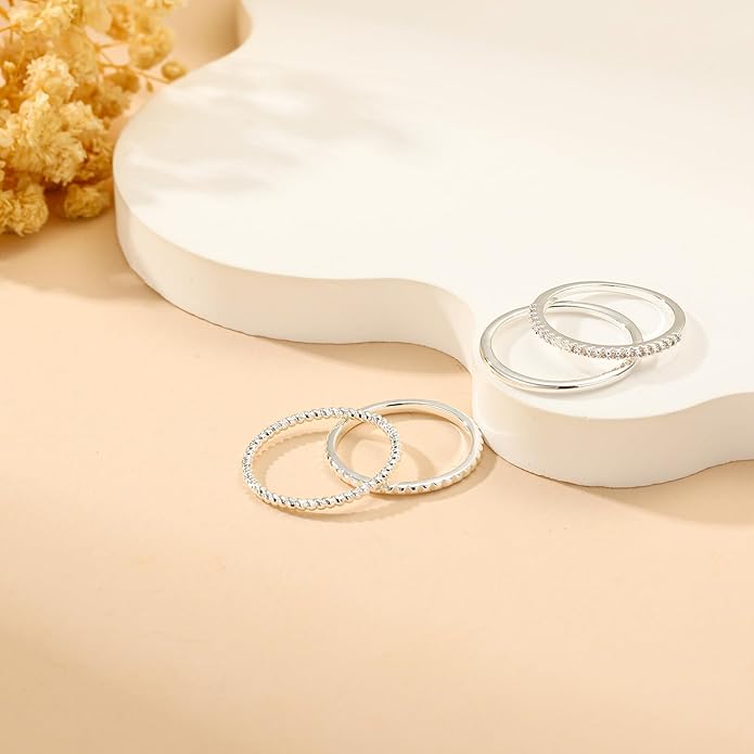 Gold Silver Stackable Rings for Women Non Tarnish 1.3mm Thin Silver Rings Set 14K Gold Plated Dainty Trendy Cubic Zirconia Band Stacking Thumb Ring Jewelry Gifts Size 5-10