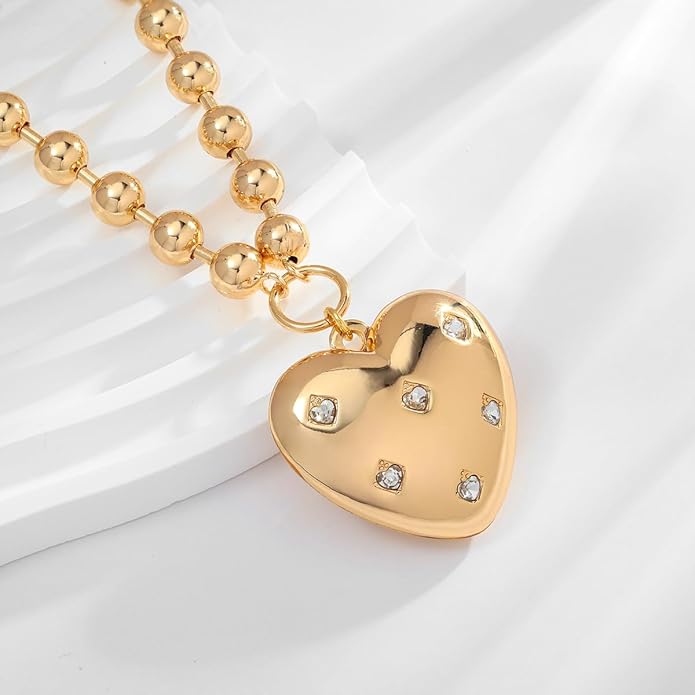 CLASSYZINT Gold Heart Pendant Necklace for Women Puffy Heart Necklace Beads Chain Necklace Statement Necklace Trendy Jewelry