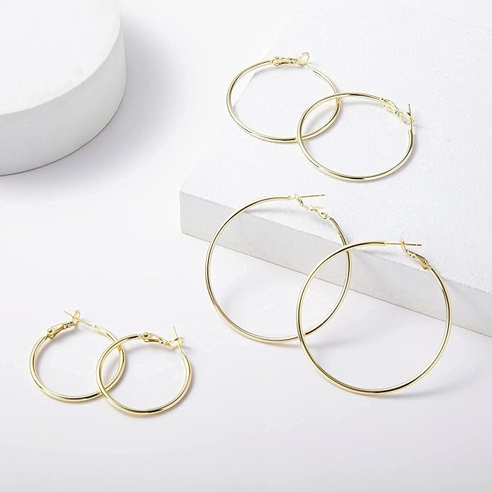 Big Gold Hoop Earrings for Women Hypoallergenic 925 Sterling Silver Post Thin Loop 14K Gold Plated Hoop Earrings Set for Women, 3 Pairs
