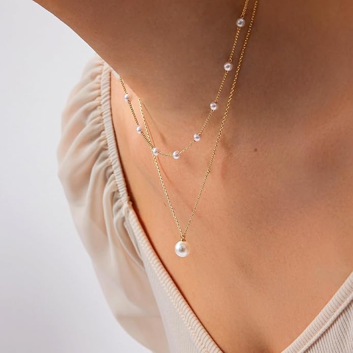 Zeffy Gold Pearl Necklace for Women, Dainty 14K Gold/Silve Plated Layered Pearl Choker Pearl Earrings Pearl Bracelets Wedding Trendy Gold Jewelry Set for Women Gifts