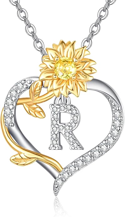 AENEAS Sunflower Initial Necklace for Women Gold Plated Sterling Silver Letter Heart Pendant Jewelry Gift for Mom Wife Birthday Anniversary Christmas