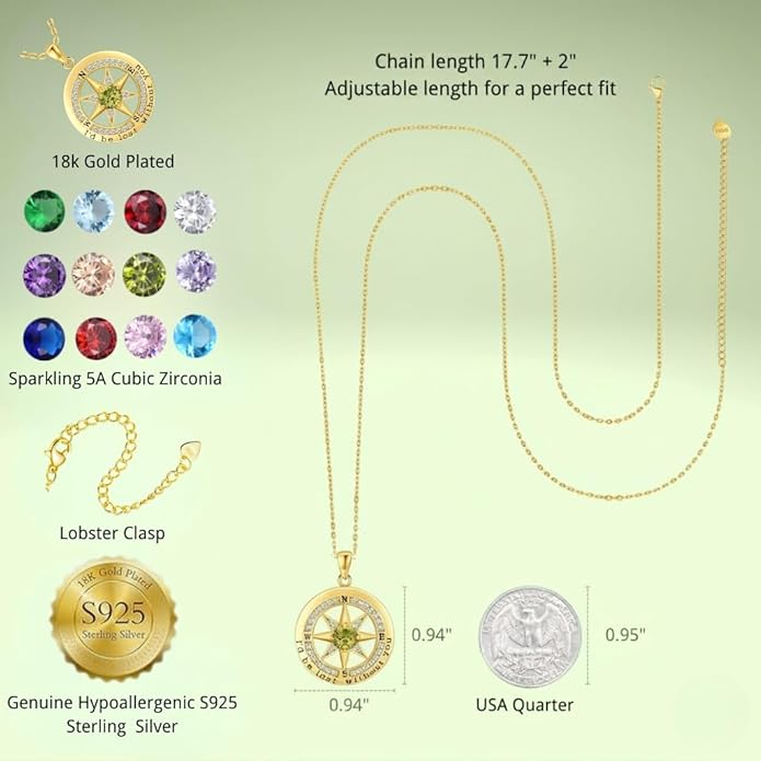Compass Necklace for Women Wife Girlfriend Mom Daughter Gifts S925 Silver Jewelry For Anniversary Rose Gold Gifts For Birthday Christmas Mothers Valentines Day 12 Birthstones