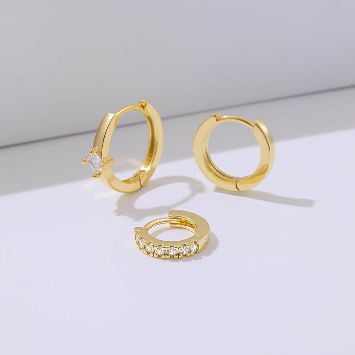 micuco 3 Pairs Small Hoop Earrings Set for Women, 14K Gold Plated Huggie Hoop Earrings for Men, Tiny Cartilage Hypoallergenic Earring Set