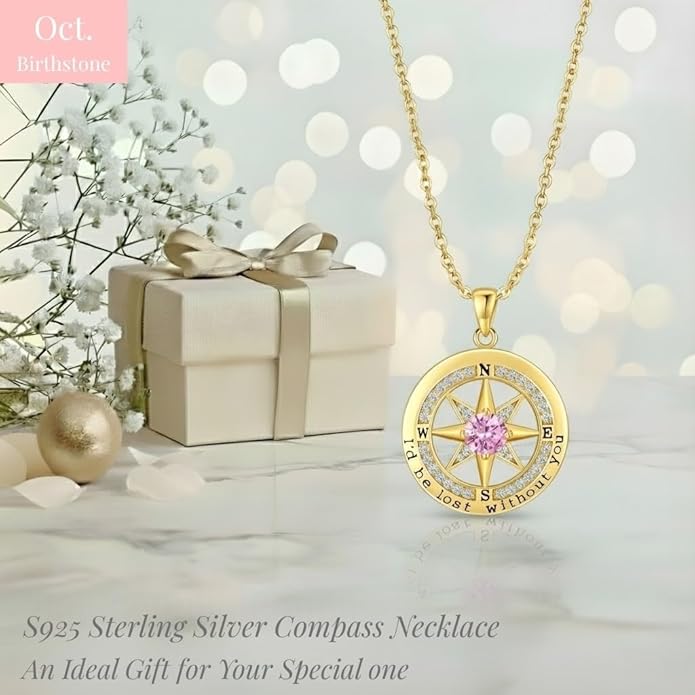 Compass Necklace for Women Wife Girlfriend Mom Daughter Gifts S925 Silver Jewelry For Anniversary Rose Gold Gifts For Birthday Christmas Mothers Valentines Day 12 Birthstones