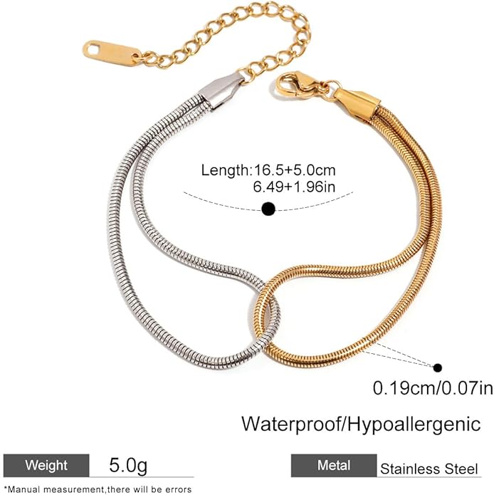 Cryinsun 18K PVD Gold Silver Waterproof Two Tone Twisted Circle Link Chain Bracelet for Women,Snake Chain Link Bracelets Dual Color Mixed Chain Bracelets Jewelry Gifts