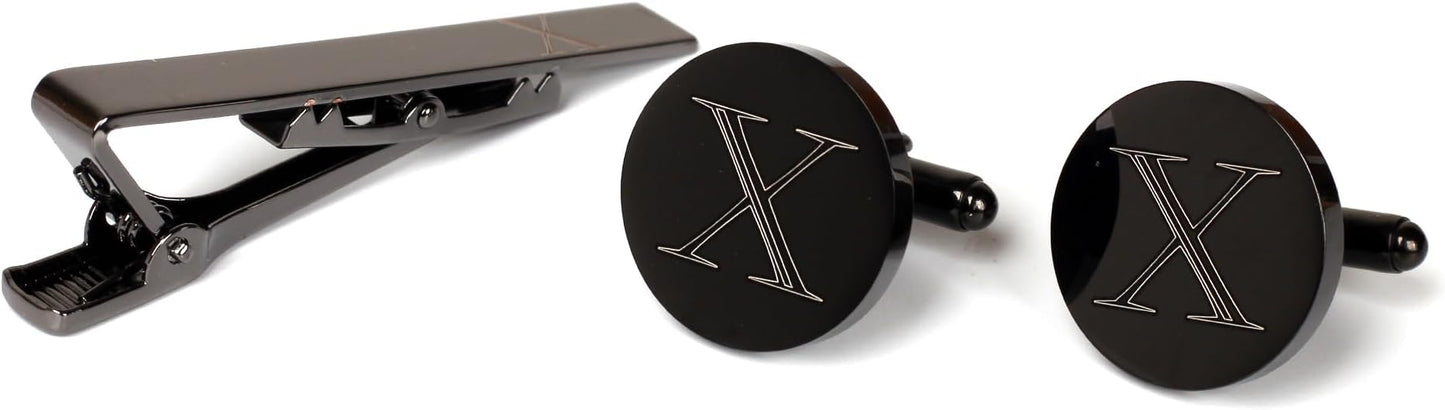 Mens Initial Cufflinks and Tie Clip A-Z Alphabet Letter Black Stainless Cuff Links Tie Bar with Engraved Walnut Wood Box Groom Groomsman Wedding Set