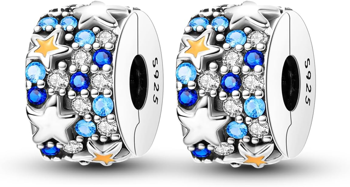 Parmuz Clip Spacer Charm for Bracelet 925 Sterling Silver Pave Cubic Zirconia Lock Stopper Bead Star Moon Evil Eye Jewelry Charm for Woman
