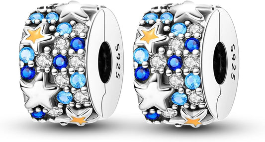 Parmuz Clip Spacer Charm for Bracelet 925 Sterling Silver Pave Cubic Zirconia Lock Stopper Bead Star Moon Evil Eye Jewelry Charm for Woman