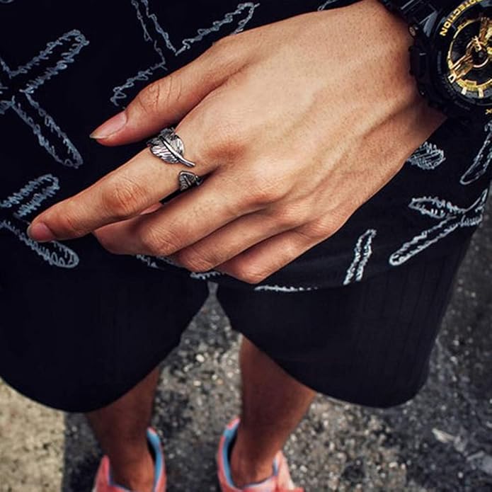 Sterling Silver Feather Ring with Black Onyx & Turquoise - Adjustable Stacking Vintage Statement Ring for Women & Men