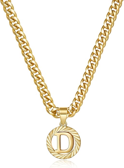 KissYan Gold Initial Necklace,14K Gold Plated Round Letter Pendant Hollow Capital Monogram 5mm Cuban Chain Necklace Alhpabets from A-Z Dainty Jewelry for Women Men