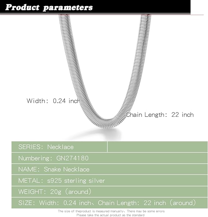 Dankadi Men 925 Sterling Silver Necklace Italian 6MM-8MM Flexible Flat Snake Chain Choker 16-30 Inch 24K Gold plated Fine Jewelry Gifts for Women