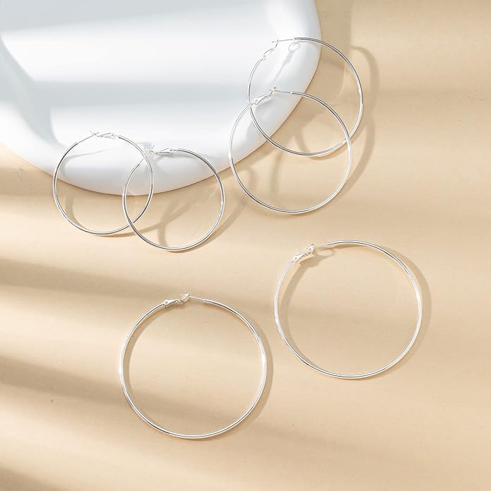 Big Gold Hoop Earrings for Women Hypoallergenic 925 Sterling Silver Post Thin Loop 14K Gold Plated Hoop Earrings Set for Women, 3 Pairs