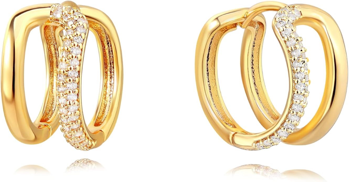 Gold Huggie Hoop Earrings 14K Gold Plated Dainty Chunky Thick Hoop Diamond Cubic Zriconia Inlay Sleeper Tiny Delicate Boho Beach Simple Hypoallergenic Jewelry Gift for Her