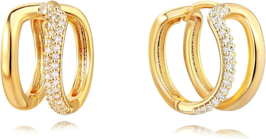 Gold Huggie Hoop Earrings 14K Gold Plated Dainty Chunky Thick Hoop Diamond Cubic Zriconia Inlay Sleeper Tiny Delicate Boho Beach Simple Hypoallergenic Jewelry Gift for Her