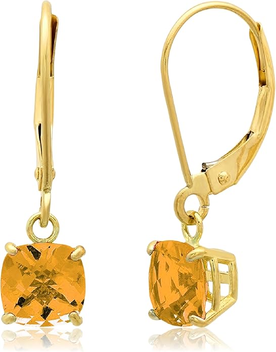 Solid 10K Gold Cushion Cut Dangle Gemstone Earrings for Women | 6mm Gemstone Birthstone Earrings | Checkerboard 10 Karat Gold Dangle Drop Leverback Earring for Women by MAX + STONE