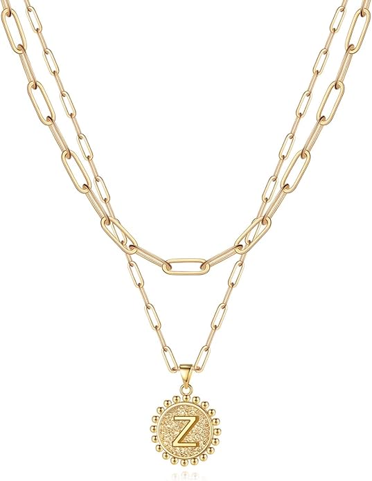 Yoosteel Gold Initial Necklaces for Women, 14K Gold Plated Dainty Layering Paperclip Link Chain Necklace Coin Initial Layered Necklaces for Women Personalized Birthday Gifts