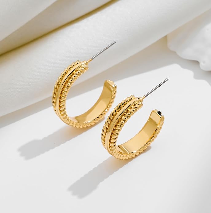 Twisted Cable Hoop Earrings Two Toned Earrings for Women Open C Hoops Chic Mixed Metal Jewelry