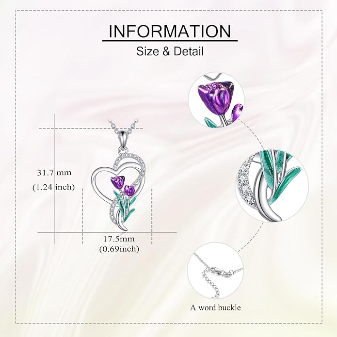 Tulip Sunflower Rose Lily of the Valley Sterling Silver Flower Heart Pendant Necklace Gifts for Women Mother Flower Lover