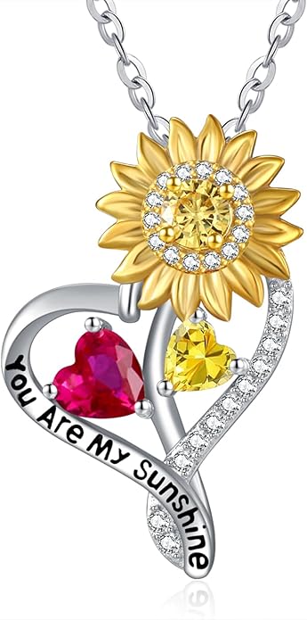 Zeuslia Double Birthstone Necklace Gifts for Wife - 925 Sterling Silver Sunflower/Rose/Crown Cross/Compass/Heart Pendant I Love You Necklace, Anniversary Birthday Gifts for Wife Girlfriend Mom Her