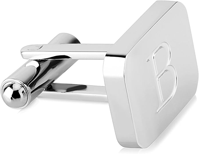 18K White-Gold Plated Initial Engraved Stainless Steel Men’s Cufflinks With Gift Box -Personalized Alphabet Letter’s A-Z By Lux & Pair