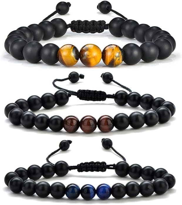 M MOOHAM Natural Stone Bracelets for Men - 8mm Tiger Eye, Matte Agate, Lava Rock - Teen Boys Gifts for Birthday, Anniversary, Christmas