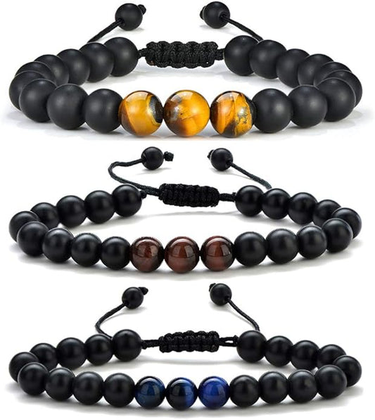 M MOOHAM Natural Stone Bracelets for Men - 8mm Tiger Eye, Matte Agate, Lava Rock - Teen Boys Gifts for Birthday, Anniversary, Christmas