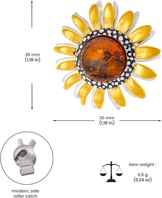 AMBEDORA Women’s Brooch, Polished Sterling Silver, Oxidised and Gilded, Round Baltic Amber in Cognac Colour, Sunflower Brooch with Pendant Function