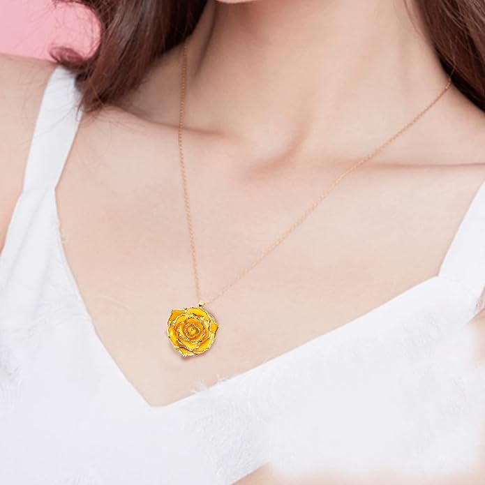 AliveRose Real Rose Gold Dipped Necklace Gifts for Women, 24K Gold Dipped Rose Pendant Necklace Jewelry Mothers Day Anniversaries Birthday Christmas Special Occasions Gifts for Her Mom Wife