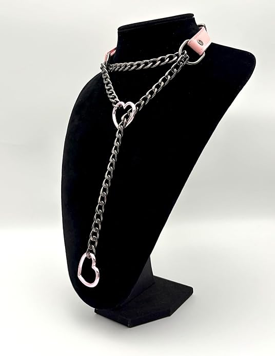 Black Leather Choker Collar For Women, Handmade Heart Slip Chain Choker Long Necklace with Adjustable Buckle