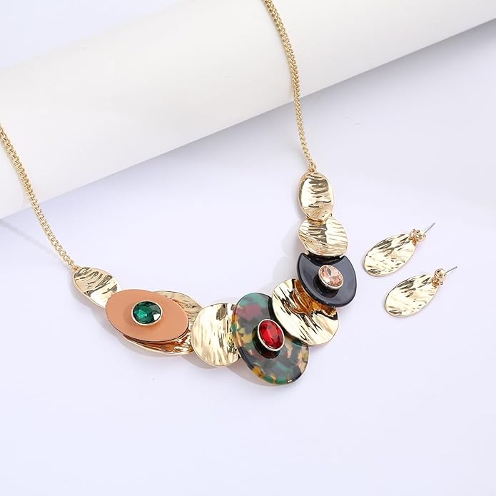 Chunky Statement Jewelry Set Vintage Retro Leaf Flower Floral Geometric Bohemian Boho Bib Necklace Earring Set Fashion Costume Jewelry for Women Girls Wedding Party Prom Unique Gift