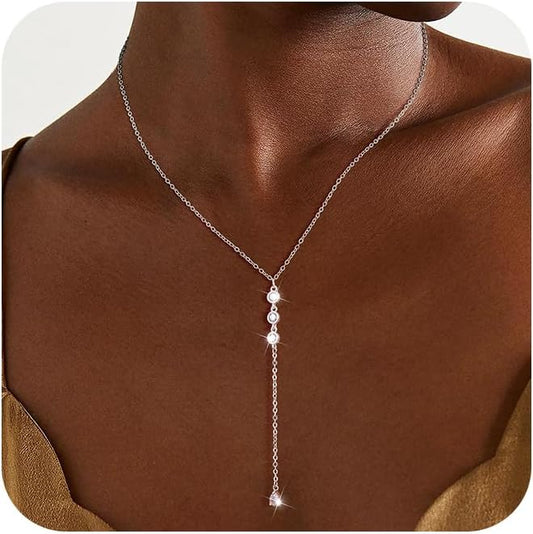 Lariat Gold Necklaces for Women Trendy Dainty Long Necklace 14k Gold Plated/Silver Layered Drop Beaded Chain Necklaces Y-shaped Pendant Necklace Simple Gold Jewelry Gifts