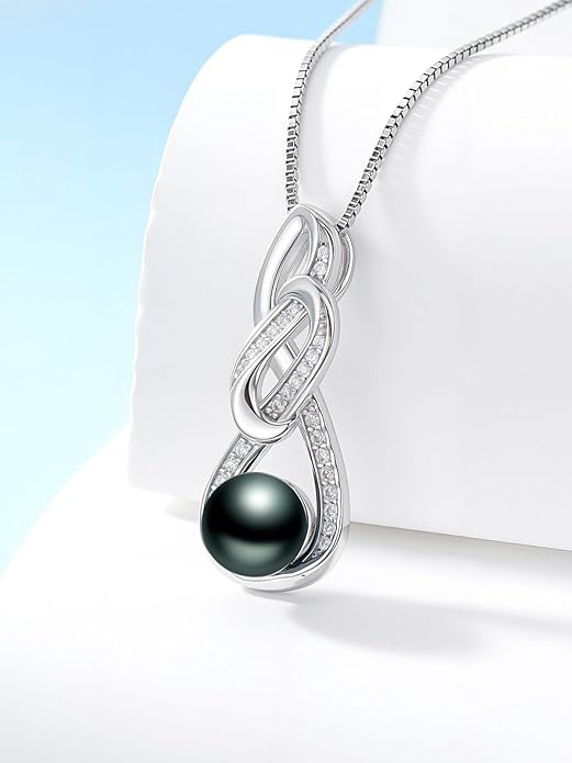 KANNSOAR Tahitian Black Pearl 18K White Gold Plated Sterling Silver Heart/Infinity/Four Leaf Clover Pendant Necklace Jewelry Gifts for Women Wife Mom Girlfriend Wedding Birthday Anniversary Christmas