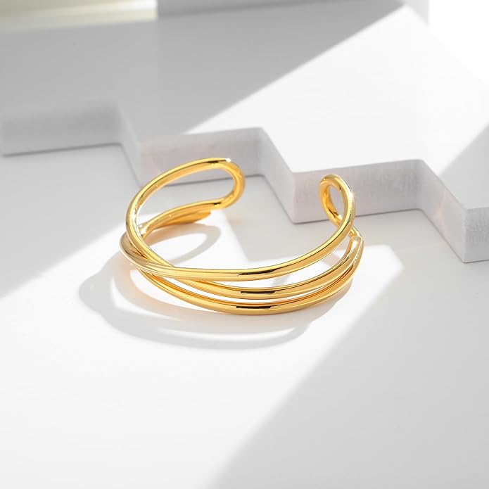 Gold Cuff Bracelet for Women Chunky Multi-layer Cross Wire Open Bracelet Hollow Wide Cuff Bracelets Adjustable Gold Open Cuff Bangle Bracelet