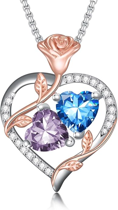 Christmas Gifts for Women Rose Heart Birthstone Pendant Necklace I Love You Forever Jewelry Valentine Mothers Day Birthday Gifts for Women Her Wife Girlfriend