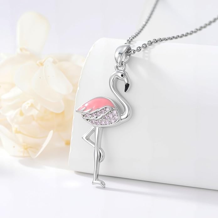 JUSTKIDSTOY Flamingo Necklace 925 Sterling Silver Animal Pendant with Cubic Zirconia Flamingo Bird Necklace Gifts for Women Wife Girlfriend