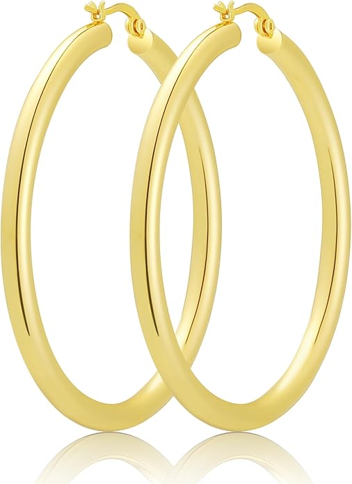 Hoop Earrings for Women, 18K Gold Plated Hoops Earrings, Hypoallergenic Lightweight Comfort Hollow Tube Hoops with Secure Push Lock, Chunky and Sleek Gold Hoops Large Earrings 20/30/40/50/60MM